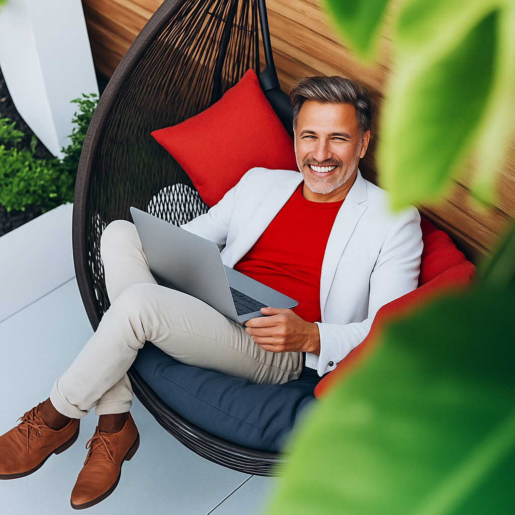 Homem maduro sorridente trabalhando em notebook enquanto relaxa em cadeira suspensa ao ar livre, usando blazer branco, camiseta vermelha e sapatos marrons.